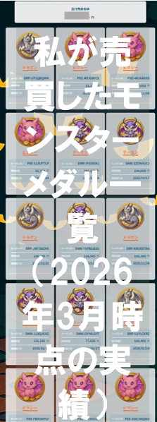 私が売買したガチャモンスターワールドのモンスターメダル一覧（2026年3月時点の実績）